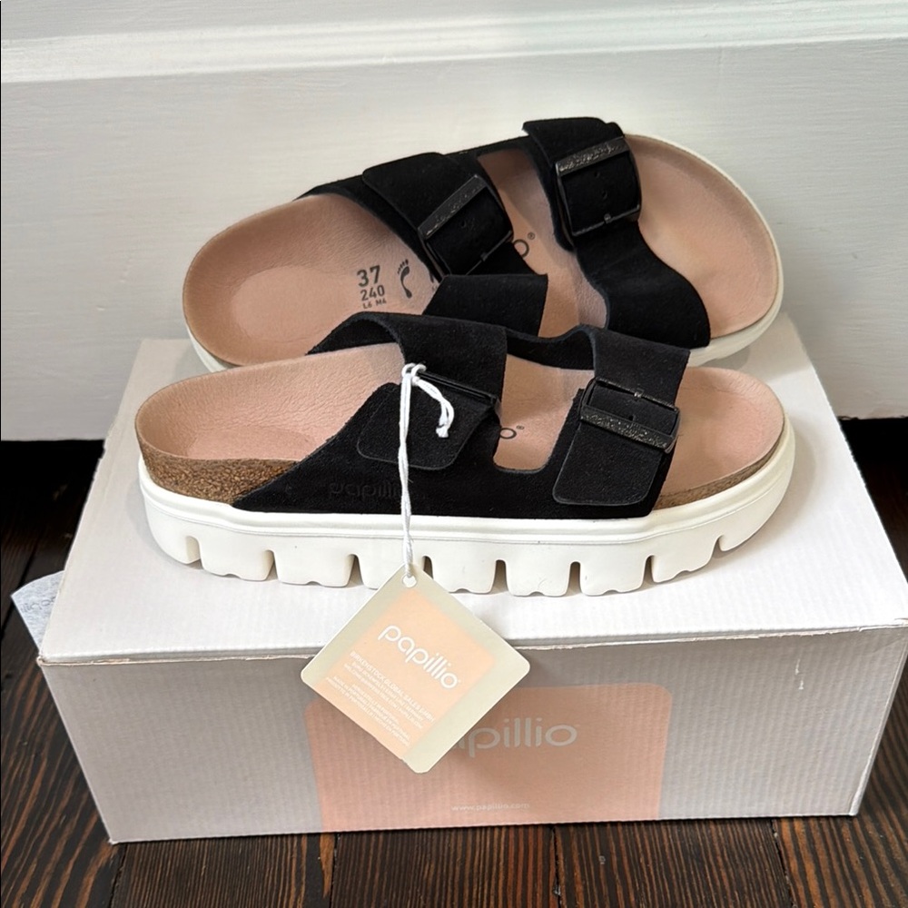 Birkenstock Arizona Papillio Black Suede Two-Strap Platform Sandals